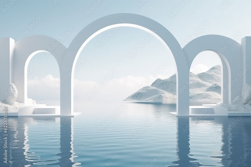 White arch background with marble podium on water for product presentation. Summer scene. 3D rendering. Generative AI White arch background with marble podium on water for product presentation. Summer scene. 3D rendering. Generative AI