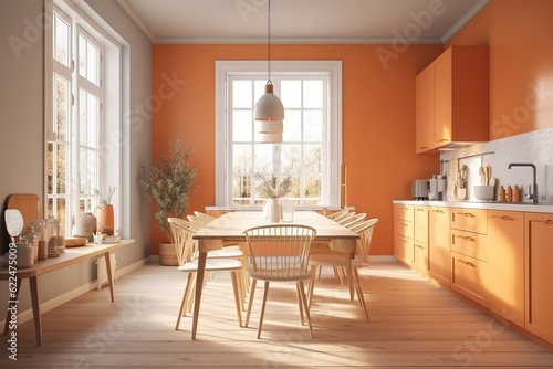 Idea of a orange scandinavian kitchen room interior with dinning furniture and large wall and white landscape in window. Home nordic interior. 3D illustration photo