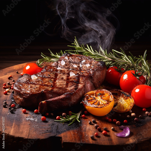 Juicy smoked steak with grilled tomatoes