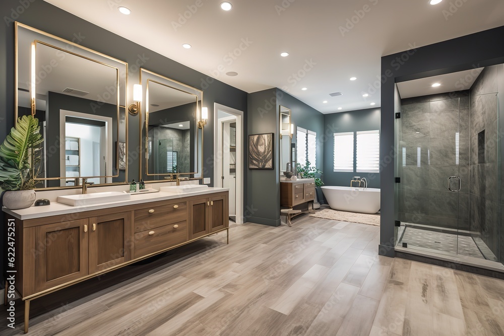 Master bathroom in new luxury home with double vanity and view of walk ...