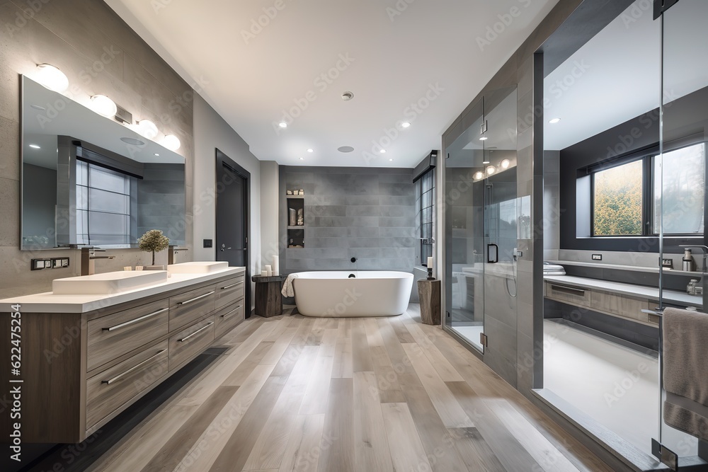 Master bathroom in new luxury home with double vanity and view of walk - in closet