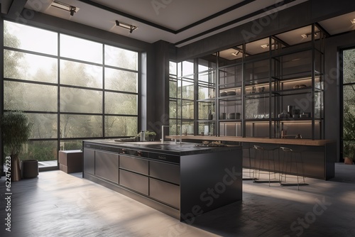 Luxury Modern Kitchen Interior Gray Large Grid Windows
