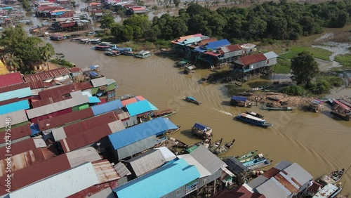 Floating village on a river, Kampong Phluk, Cambodia, Boats, fisherman, 4k Drone footage
