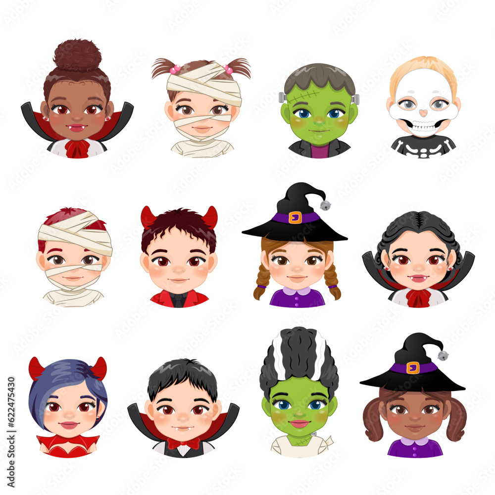 Halloween collection with cute children faces and halloween wear, Mummy, Vampire, Witch, Devil, Frankenstein and wife, Skeleton Ghost vector Halloween collection with cute children faces and halloween wear, Mummy, Vampire, Witch, Devil, Frankenstein and wife, Skeleton Ghost vector