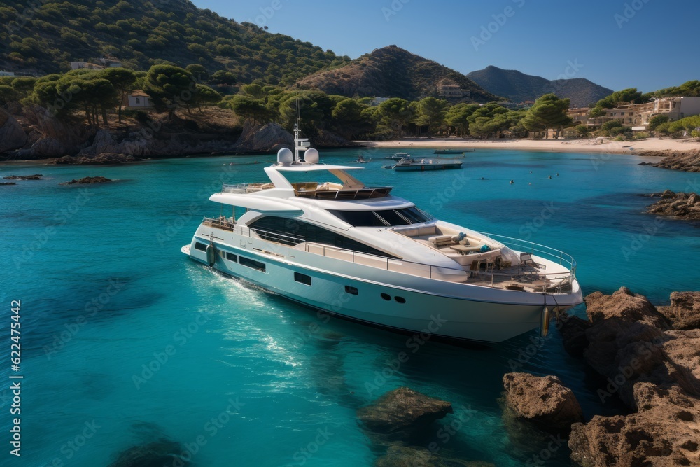 The sun casts a gentle glow on the azure waters as the luxurious private yacht anchors in a pristine bay. Generative Ai The sun casts a gentle glow on the azure waters as the luxurious private yacht anchors in a pristine bay. Generative Ai