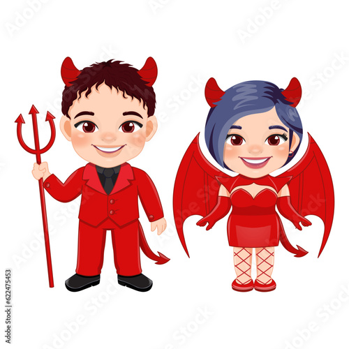 Happy Halloween day with boy and girl celebrate halloween wear devil costume vector