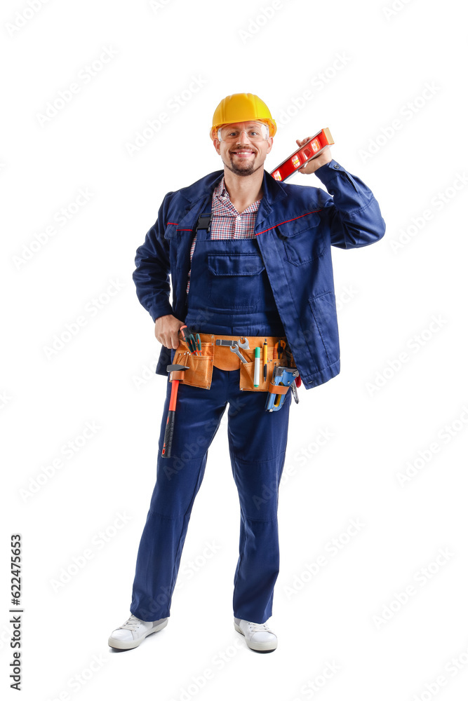 Male builder with tools on white background Male builder with tools on white background