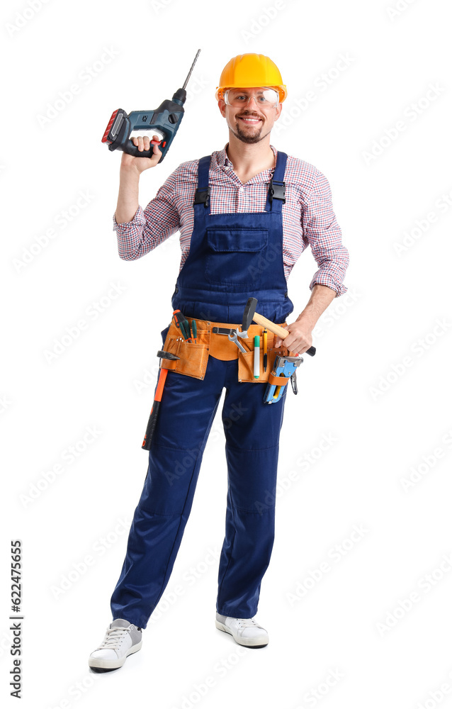 Male builder with drill on white background Male builder with drill on white background