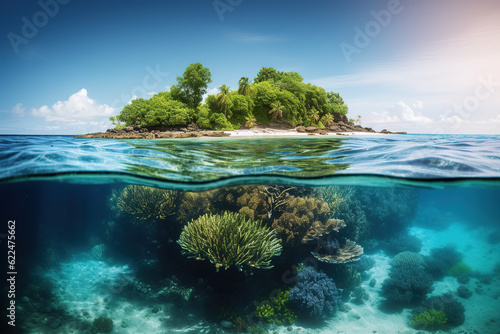 Tropical Island And Coral Reef. Split View With Waterline. Beautiful underwater view of lone small island above and below the water surface in turquoise waters of tropical ocean. Generative AI