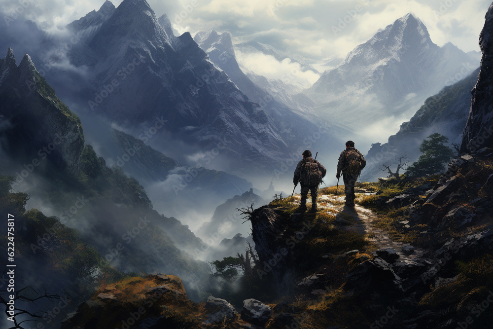 Illustration of hikers in an alpine environment, Generative AI.