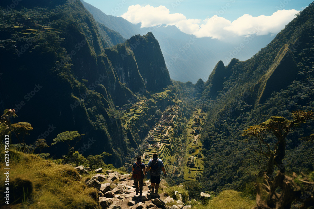 Obraz premium Illustration of hikers visiting a mayan ruin in the mountains, Generative AI.