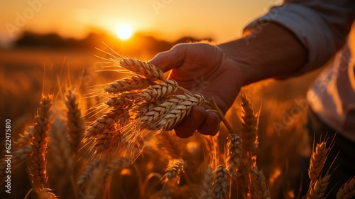 Wheat ears in the hand of a farmer on the background of the setting sun. Person examining grown and dry perfect wheat ears in the field at sunset, closeup of hands. Agriculture concept.