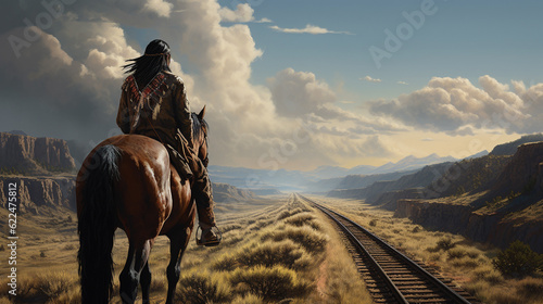 Illustration of an american indian man on horseback watching a railway through his territory.  Generative AI. 