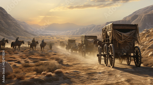 Illustration of a wagon train in the American west. Generative AI.  photo