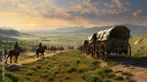 Illustration of a wagon train in the American west. Generative AI.  photo