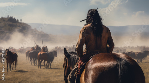 Illustration of an indigenous rider on the prairies in the old west. Generative AI.  photo