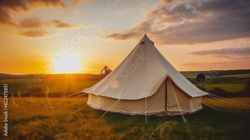 Glamping is luxurious glamorous camping. Glamping in a beautiful countryside at sunset. Generative AI
