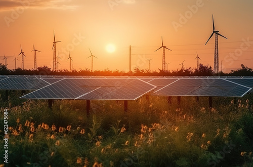 The generation of sustainable green energy using solar energy panel photovoltaic cells and wind turbine farms is a friendly enterprise. Concept of clean, sustainable development. Generative AI