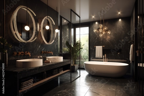 Luxury bathroom interior with bathtub and mirror