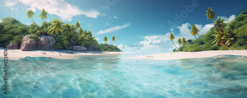 A stunning tropical beach with swaying palm trees and rocky cliffs overlooking the crystal clear ocean. The beauty of nature is AI generative.