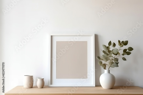 White frame mockup on table. Small white vase with dry leaves and grass. Ai generative