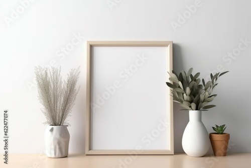 White frame mockup on table. Small white vase with dry leaves and grass. Ai generative