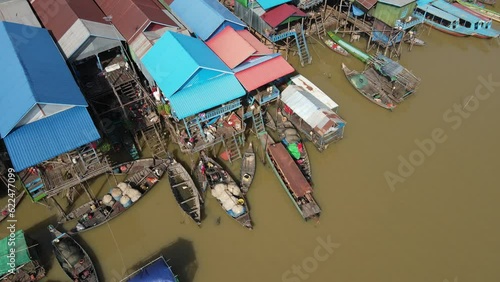 Floating village on a river, Kampong Phluk, Cambodia, Boats, fisherman, 4k Drone footage
