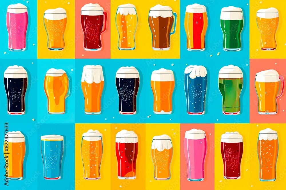 Colorful collage banner of different varieties of beer and drinkware. Flat design illustration Colorful collage banner of different varieties of beer and drinkware. Flat design illustration