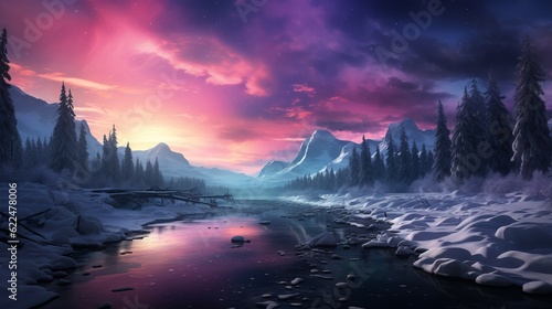 A beautiful winter scene with Northern Lights. Generative AI. 