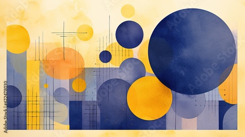 Abstract watercolor geometric shapes in yellow in blue colors