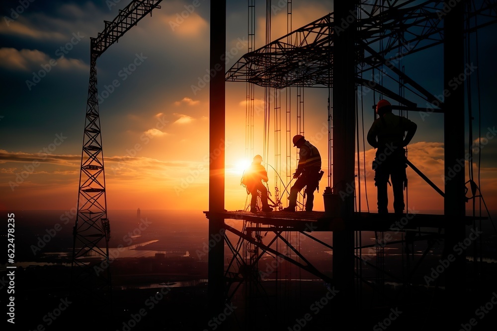 Silhouette of construction workers working in height in scaffolds under the sunset