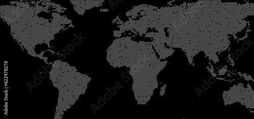 Abstract world map out of white dots, dotted earth map, points, round spots, graphic illustration with all the continents and oceans, globe illustration, planet earth, isolated on black background © Laurence