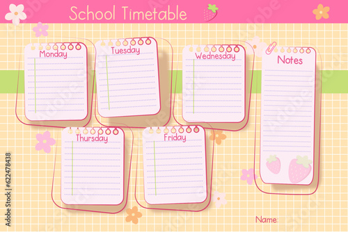  School timetable with rainbow, flowers, empty to do list, weekly planer for kid's education, vector reminder ready for print 