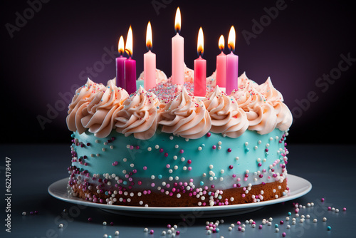 Fancy birthday cake decorated with lit candles  isolated on plain background