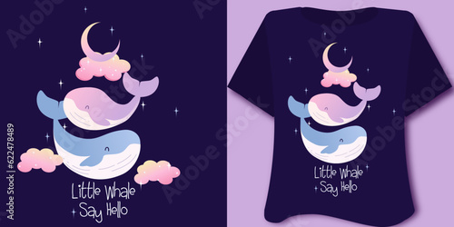 Cartoon Whale love  couple for t shirts, nightie, clothes, kawaii illustration with moon  star background vector little Whale say hello  slogan, for playroom poster 