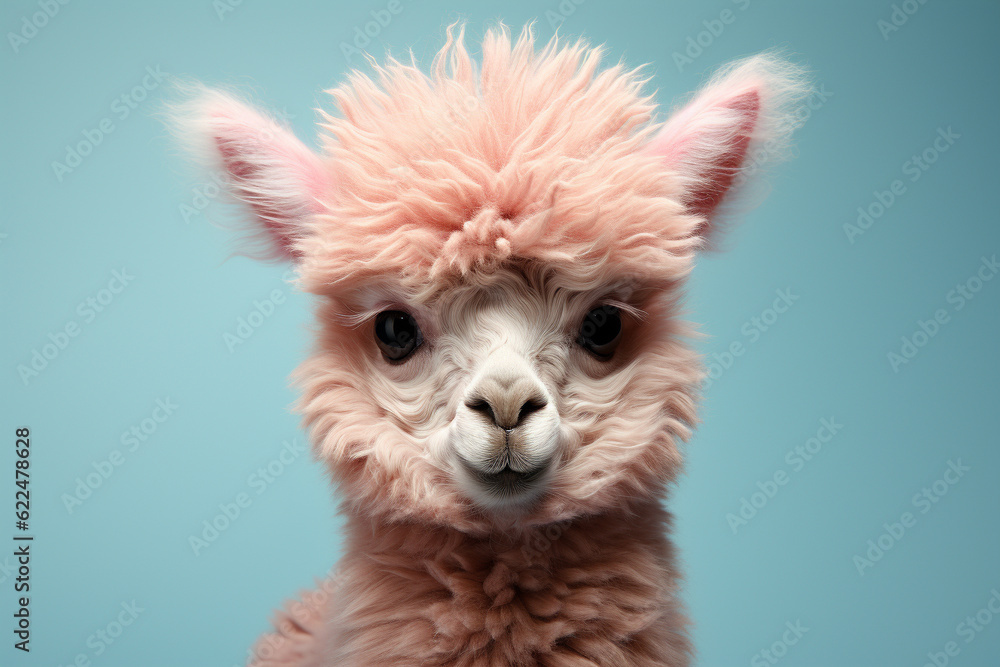 Cute baby alpaca isolated on a blue background