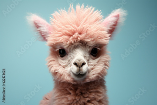 Cute baby alpaca isolated on a blue background