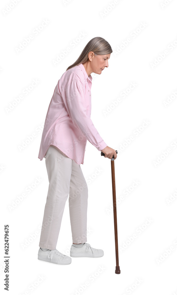 Senior woman with walking cane on white background Senior woman with walking cane on white background