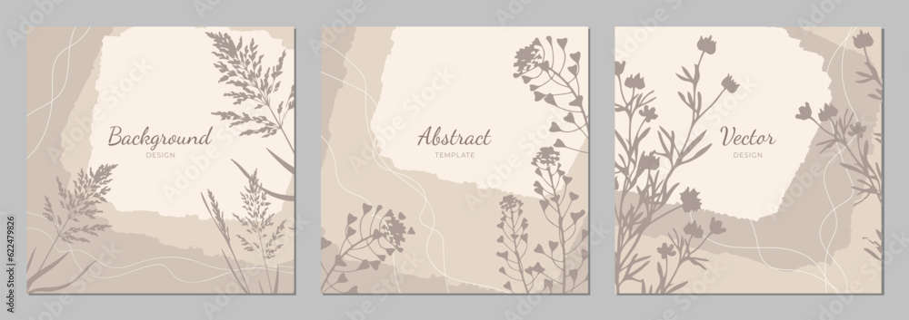 Set of abstract templates background with floral sketch herb and ripped torn paper texture in neutral. Set of abstract templates background with floral sketch herb and ripped torn paper texture in neutral.