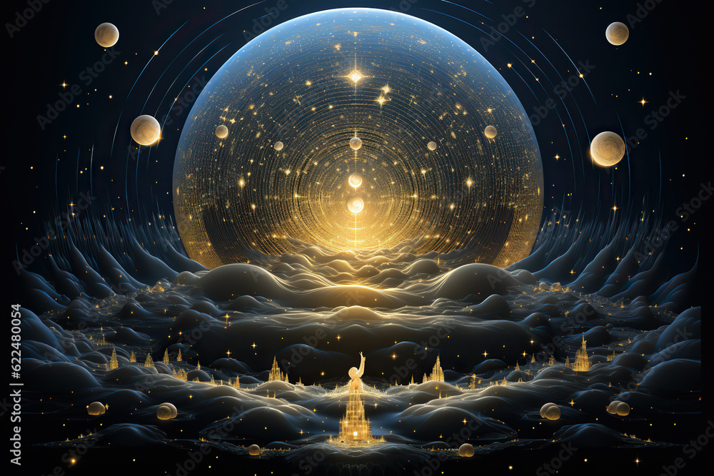 Center of the Universe. Abstract Cosmos Space, Stars and Galaxies, Embodiment of Planet Earth, Dive into Fantasy, Science Night Graphic, City. Generative AI. Center of the Universe. Abstract Cosmos Space, Stars and Galaxies, Embodiment of Planet Earth, Dive into Fantasy, Science Night Graphic, City. Generative AI.