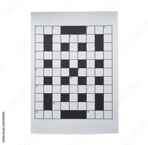 Blank crossword isolated on white, top view. Intellectual entertainment