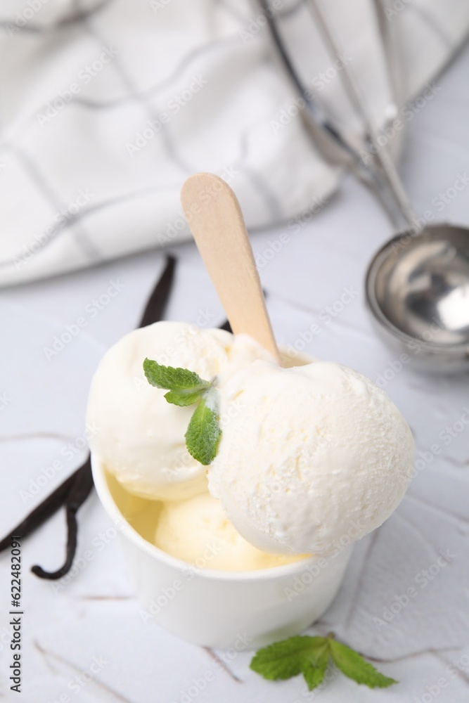 Delicious ice cream with mint and vanilla pods on white textured table, closeup Delicious ice cream with mint and vanilla pods on white textured table, closeup