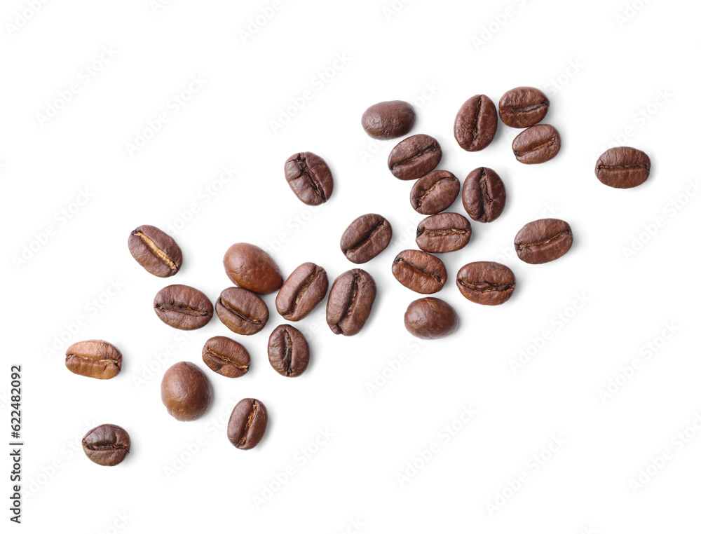 Many roasted coffee beans isolated on white, top view Many roasted coffee beans isolated on white, top view