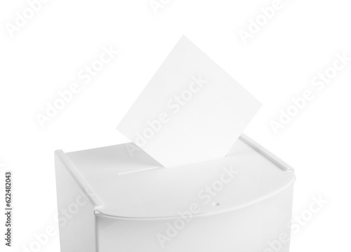 Ballot box with vote isolated on white. Election time