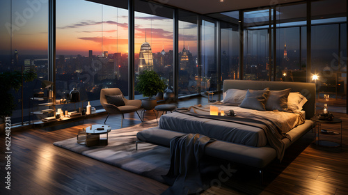 High rise apartment bedroom with large window view of a city for house advertising and background Generative AI