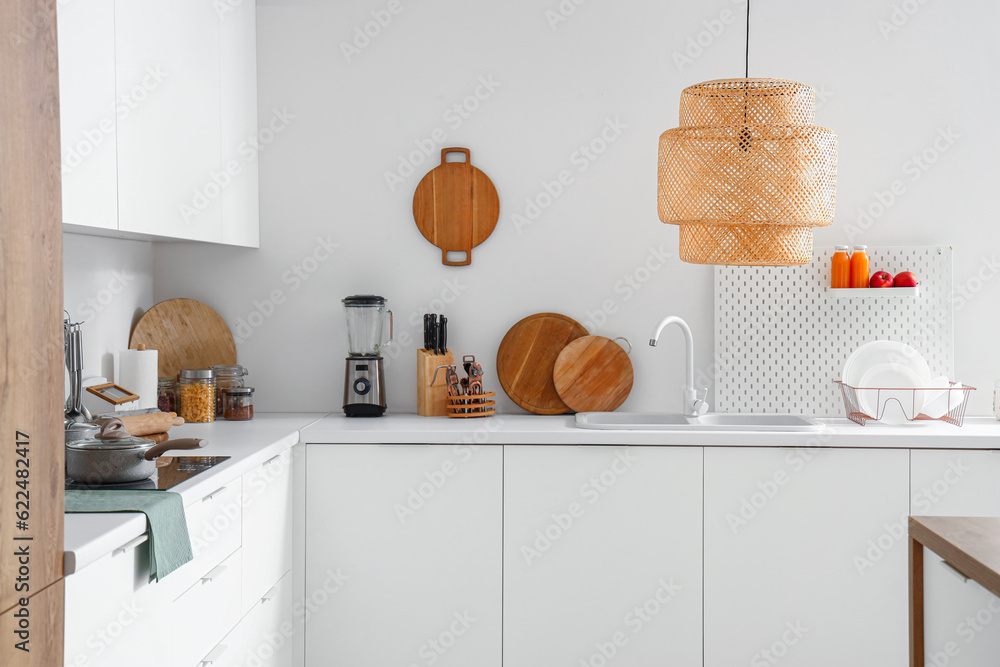 Foto de White kitchen counters with sink, blender, pegboard and plate