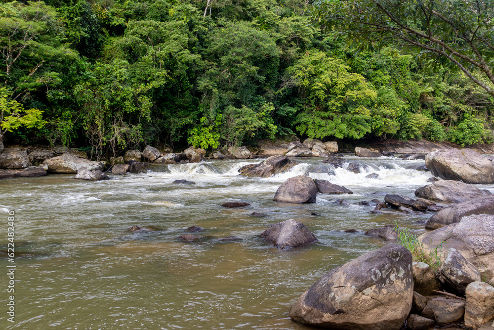 Mountain river with rocks. Fast water current. Beautiful landscape of rapids on a river in the mountains. View of the river flowing from the mountain waterfall. Forest river in the mountains. Mountain river with rocks. Fast water current. Beautiful landscape of rapids on a river in the mountains. View of the river flowing from the mountain waterfall. Forest river in the mountains.