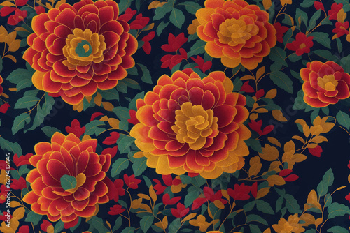 Seamless colorful embroidery flowers floral pattern created with Generative AI technology