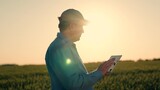 silhouette farmer works tablet. Embracing golden hour modern farm, where innovation meets tradition. Witness silhouette dedicated farmer agronomist, harnessing power digital technologies field. Let