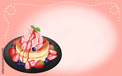 イラスト素材 イチゴたっぷり二段パンケーキ・黒皿 ピンク背景 色違い・差分あり